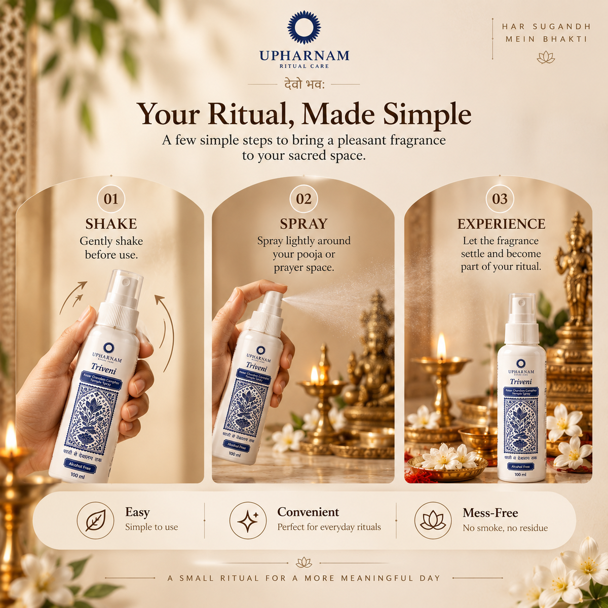 Triveni + Mallika | Kesar Chandan Camphor + Mogra Temple Spray | Pooja Fragrance | 100 ml each