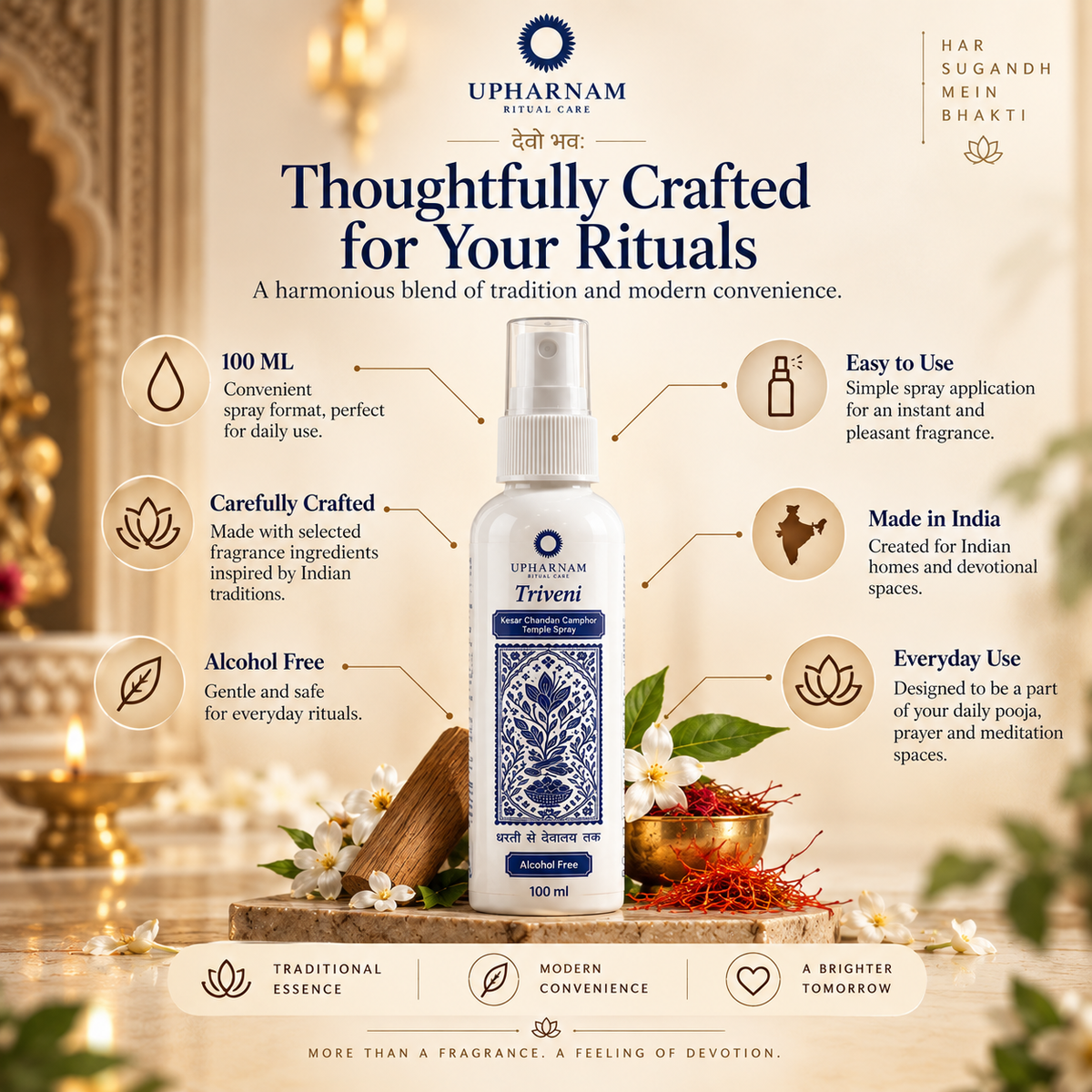 Triveni + Mallika | Kesar Chandan Camphor + Mogra Temple Spray | Pooja Fragrance | 100 ml each